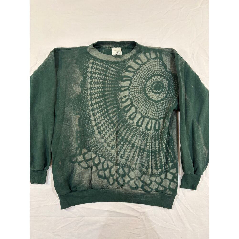 VTG Reworked Hand Bleach Dyed Boho Cottagecore Green Sweatshirt Size Large
